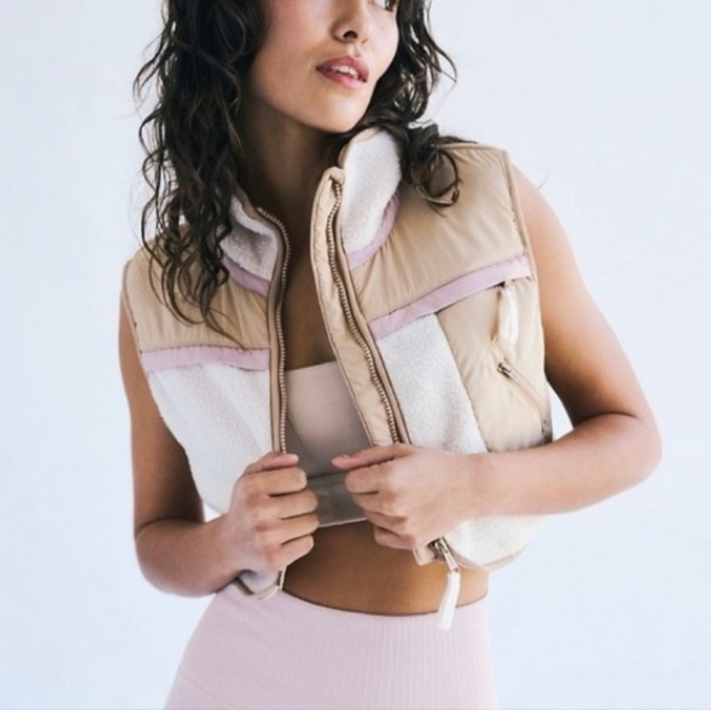 FP Movement by Free People Beige and Cream Cropped Puffer Vest with Pink Trim